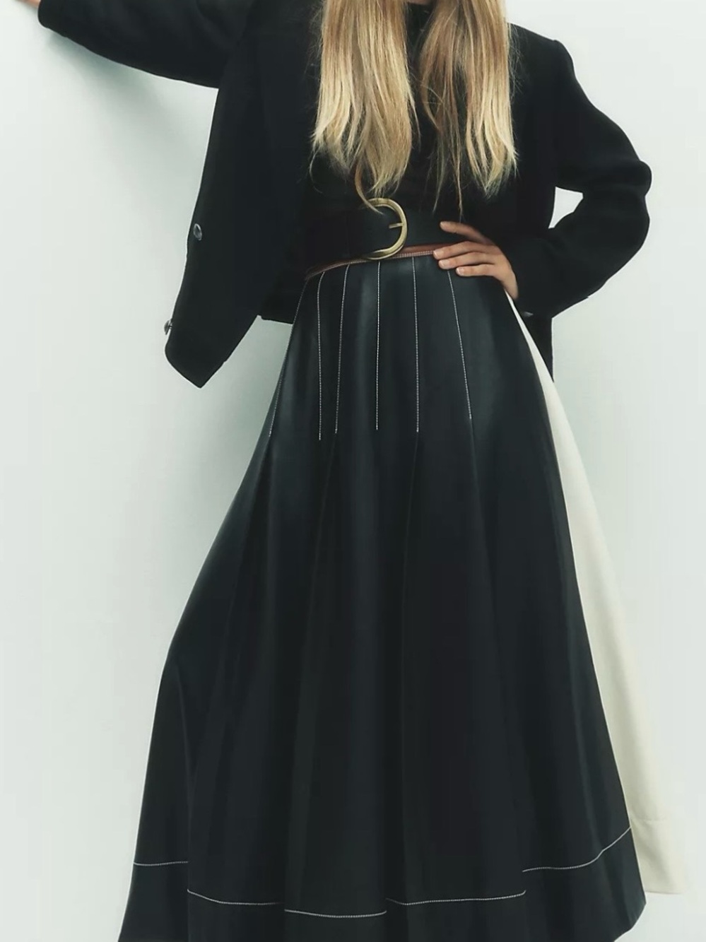 By Anthropologie Faux-Leather Colorblock Pleated Maxi Skirt